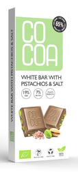Hvid chokoladebar med pistacienødder og salt 60 % mindre sukker bio 40 g - COCOA