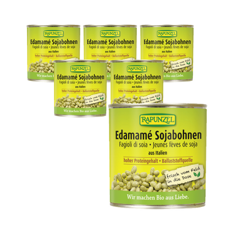 SÆT med 6 x edamame sojabønner i saltlage bio 200 g (130 g) (dåse) - rapunzel