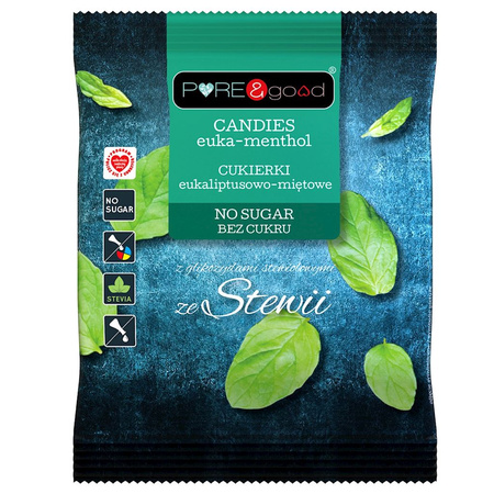 Sukkerfri eukalyptus- og pebermyntebolsjer med stevia 50 g - PURE&GOOD