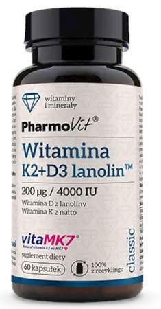 Vitamin K2 + D3 glutenfrit kosttilskud 60 kapsler - Pharmovit (Classic)