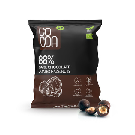 Hasselnødder i mørk chokolade 88% bio 70 g - COCOA