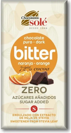 Bitter chokolade 72% kakao uden tilsat sukker med appelsin med stevia 100 g