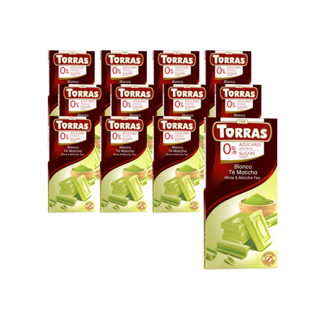 SÆT 12 x Hvid chokolade med matcha-te uden tilsat sukker, glutenfri 75 g - Torras
