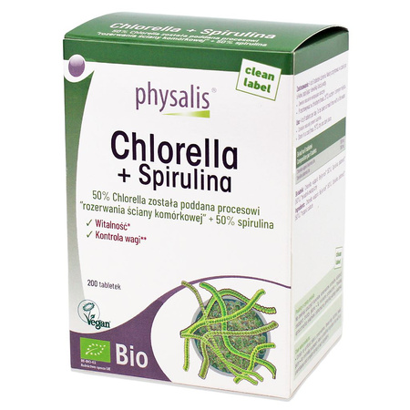 Chlorella + Spirulina kosttilskud BIO 200 tabletter - Physalis