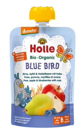 Mousse i tube pære - æble - blåbær - havre uden tilsat sukker fra 6 måneder Demeter BIO 100 g - Holle