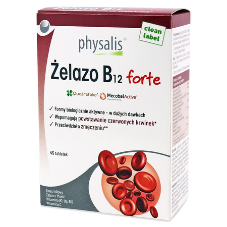 Jern + B12-vitamin forte kosttilskud 45 tabletter - Physalis