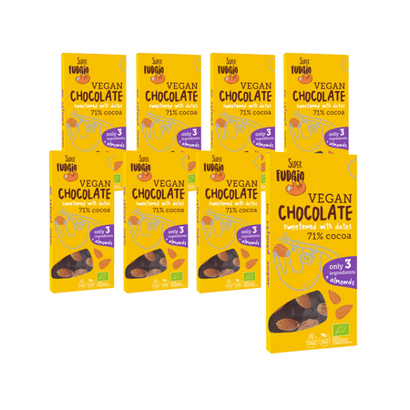 SÆT med 8 x dadelsødet chokolade med mandler glutenfri bio 100 g - ME GUSTO (Super Fudgio)