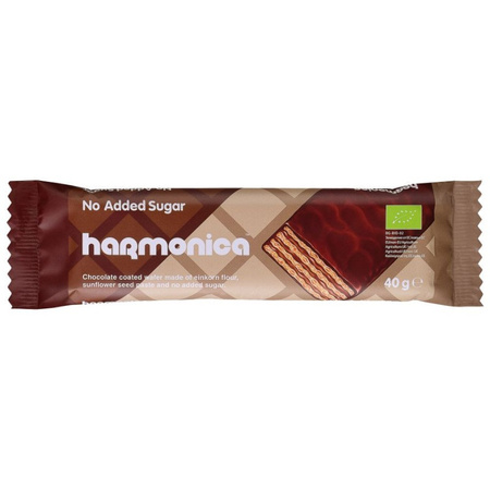 Selvsukkervafler med mælkekakaocreme i et overtræk af mælkechokolade uden tilsat sukker bio 40 g - Harmonica