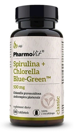 Spirulina + Chlorella Blue-Green kosttilskud (500 mg) glutenfri 180 tabletter - PHARMOVIT (CLASSIC)