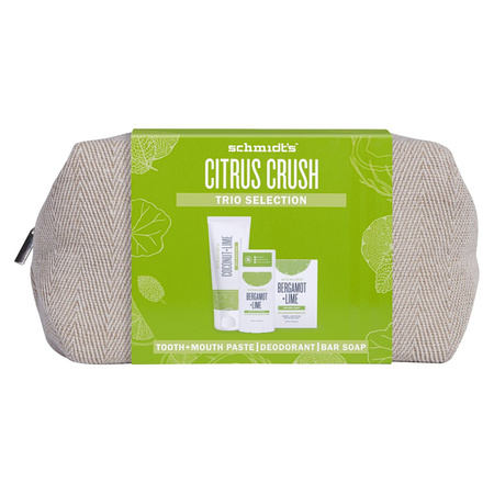 Begamot-Lime-sæt med kosmetikpose: deodorant 58 ml, tandpasta 100 ml, sæbe 142 g