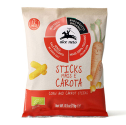 Glutenfri majs- og gulerodschips uden tilsat sukker fra 12 måneder bio 15 g - Alce Nero